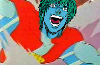blue_eyes blue_hair blue_skin cap captain_planet cosplay crossover death_note laughing lowres muscle parody photoshop smile solo source_request teeth wind yagami_light
