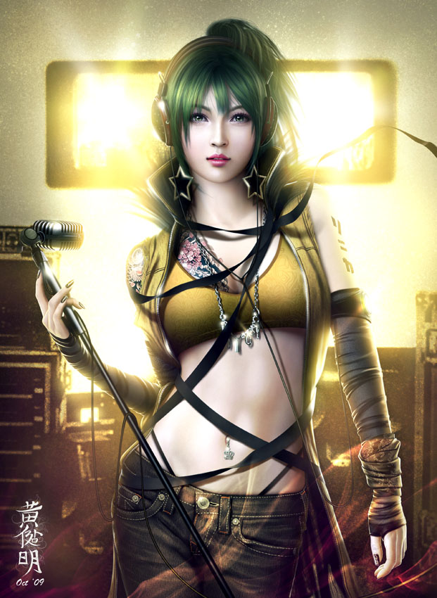 amplifier arm_warmers bangs cable digital_art earrings engloid flower green_eyes green_hair headphones jeans jewelry lipstick long_coat mario_wibisono microphone microphone_stand midriff nail_polish navel navel_piercing necklace official_art panties piercing ponytail raynkazuya realistic ribbon signature sleeveless solo sonika speaker star sunlight tattoo thong underwear vocaloid