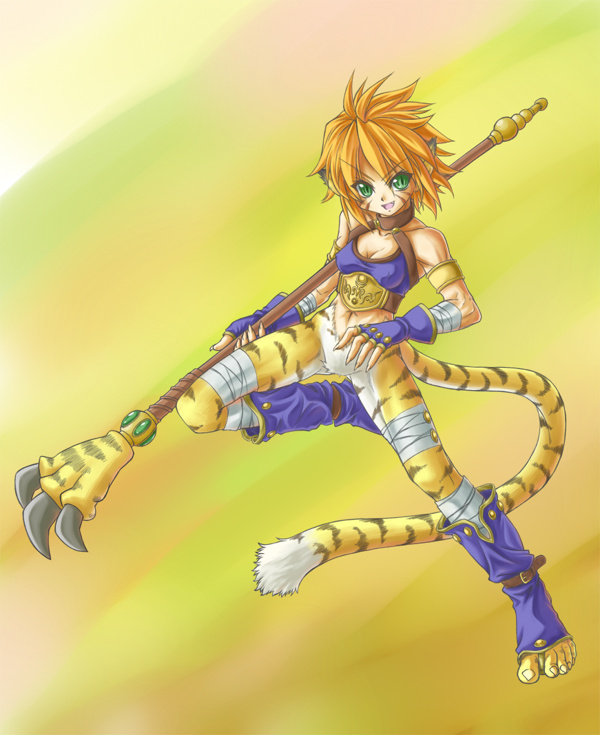 bandage bandages boots breath_of_fire breath_of_fire_ii cat_ears cat_tail elehime facial_mark fur gloves green_eyes katt red_hair redhead rinpoo_chuan short_hair solo staff tail