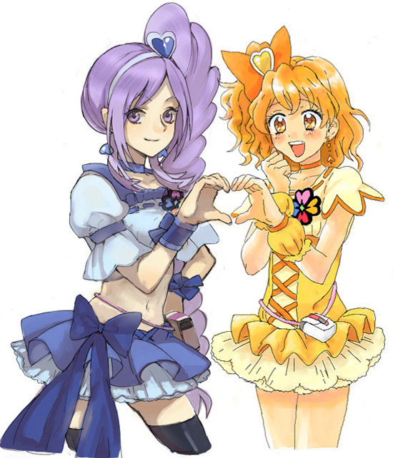 blonde_hair collaboration cure_berry cure_pine drill_hair fresh_precure! fresh_pretty_cure! hairband heart heart_hands heart_hands_duo ietan long_hair magical_girl midriff precure pretty_cure purple_hair ribbon short_hair thighhighs yamabuki_inori