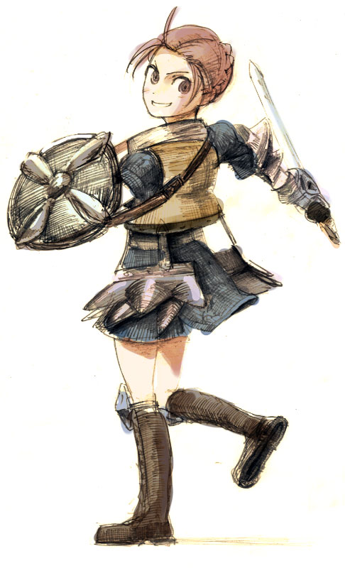 armor armored_dress boots brown_eyes brown_hair sekaiju_no_meikyuu shield sword swordsman_(sekaiju) tomotototo weapon white_background