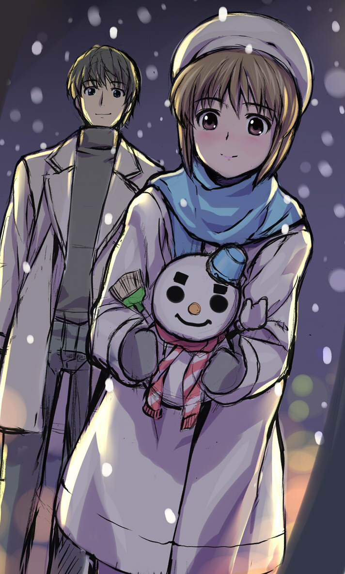 coat g-tetsu gloves hagiwara_yukiho hat idolmaster scarf short_hair snow snowman winter_clothes