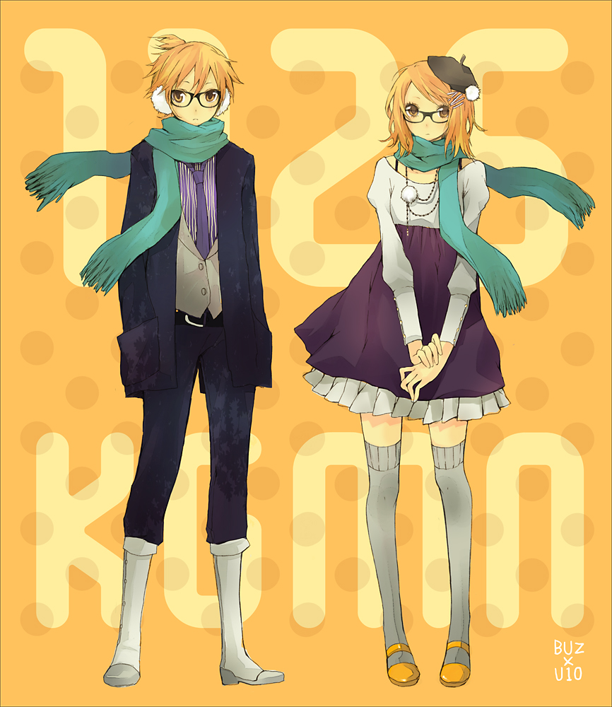 bespectacled blonde_hair brother_and_sister glasses hat kagamine_len kagamine_rin kneehighs necktie orange_eyes pinstripe_pattern polka_dot scarf siblings socks thigh-highs thighhighs twins vest vocaloid yoshito