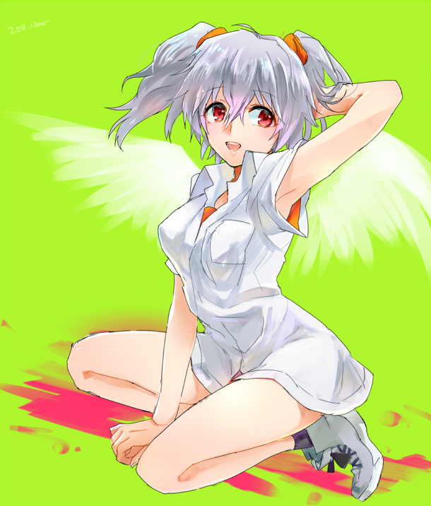 1girl angel angel_(evangelion) breasts karimero_(calimer0) nagisa_kaworu neon_genesis_evangelion red_eyes shirt solo tabris twintails white_hair wings