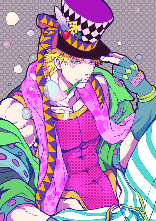 1boy blonde_hair bubble caesar_anthonio_zeppeli facial_mark feathers fingerless_gloves gloves green_eyes green_jacket hat isi88 jacket jojo_no_kimyou_na_bouken leotard lips off_shoulder ribbon scarf solo striped striped_pants top_hat