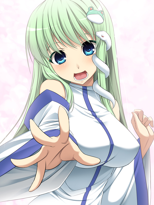 1girl blue_eyes breasts detached_sleeves dress frog_hair_ornament green_hair hair_ornament kochiya_sanae kokuyouseki large_breasts long_hair long_sleeves looking_at_viewer open_mouth outstretched_arm outstretched_hand simple_background smile snake_hair_ornament solo touhou very_long_hair white_background white_dress wide_sleeves