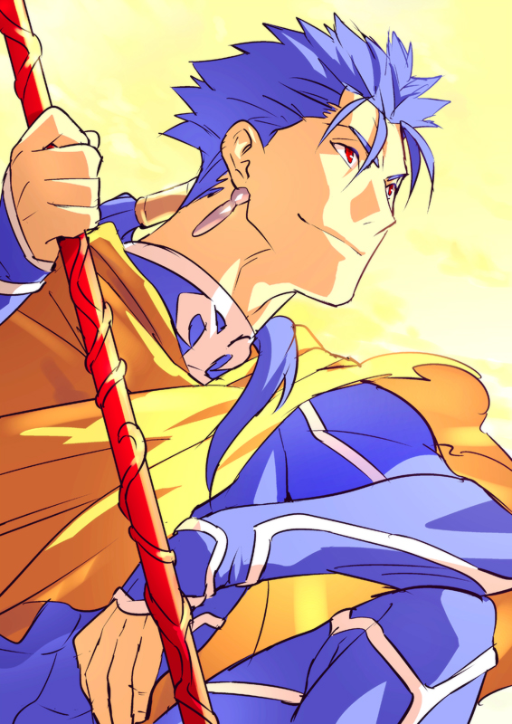 1boy blue_hair cloak earrings fate/stay_night fate_(series) gae_bolg jewelry lancer long_hair polearm ponytail red_eyes sexy44 solo spear weapon