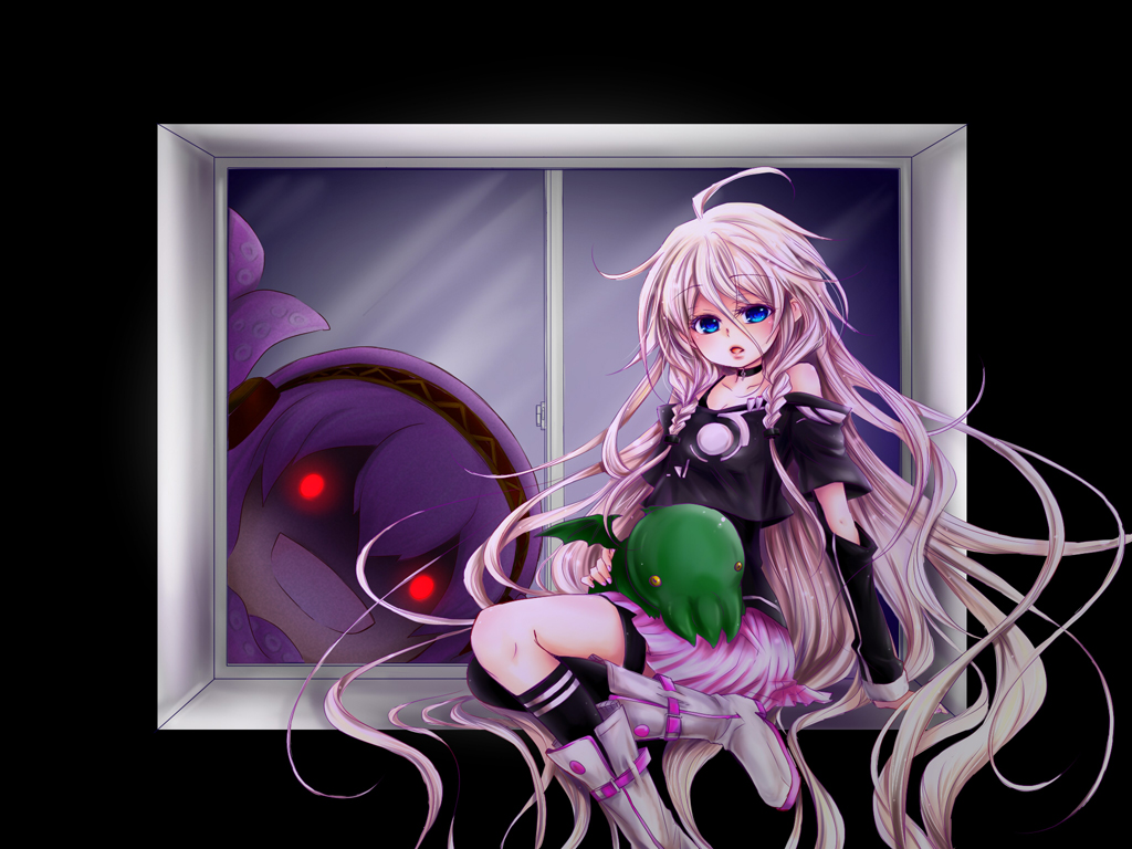 :d against_glass ahoge arm_support blue_eyes boots braid chibi cthulhu cthulhu_mythos glowing glowing_eyes headphones ia_(vocaloid) kneehighs long_hair looking_at_viewer mannaka_cube monster off_shoulder open_mouth pink_hair shaded_face silver_hair sitting skirt smile takoluka tentacles twin_braids very_long_hair vocaloid window windowsill wings wrist_cuffs