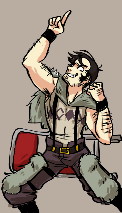 1boy arm_hair beowulf_(skullgirls) black_hair cape chair dani_(retro) facial_hair folding_chair manly pelt pointing pointing_up shirtless sideburns skullgirls solo stubble suspenders wristband