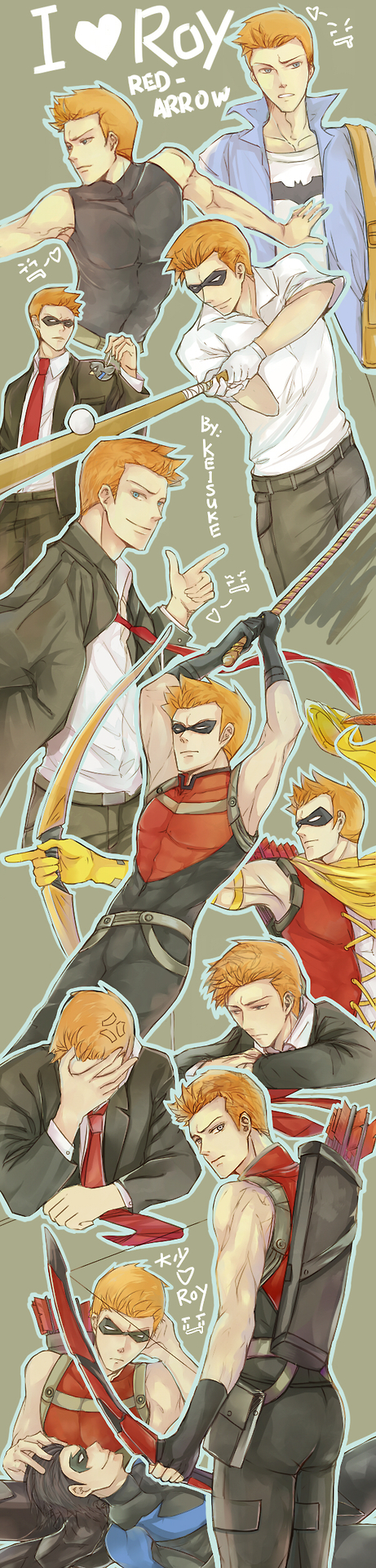 6+boys arrow baseball_bat blue_eyes bow_(weapon) dc_comics highres mask mrkeisuke multiple_boys multiple_persona quiver red_arrow redhead roy_harper superhero weapon young_justice