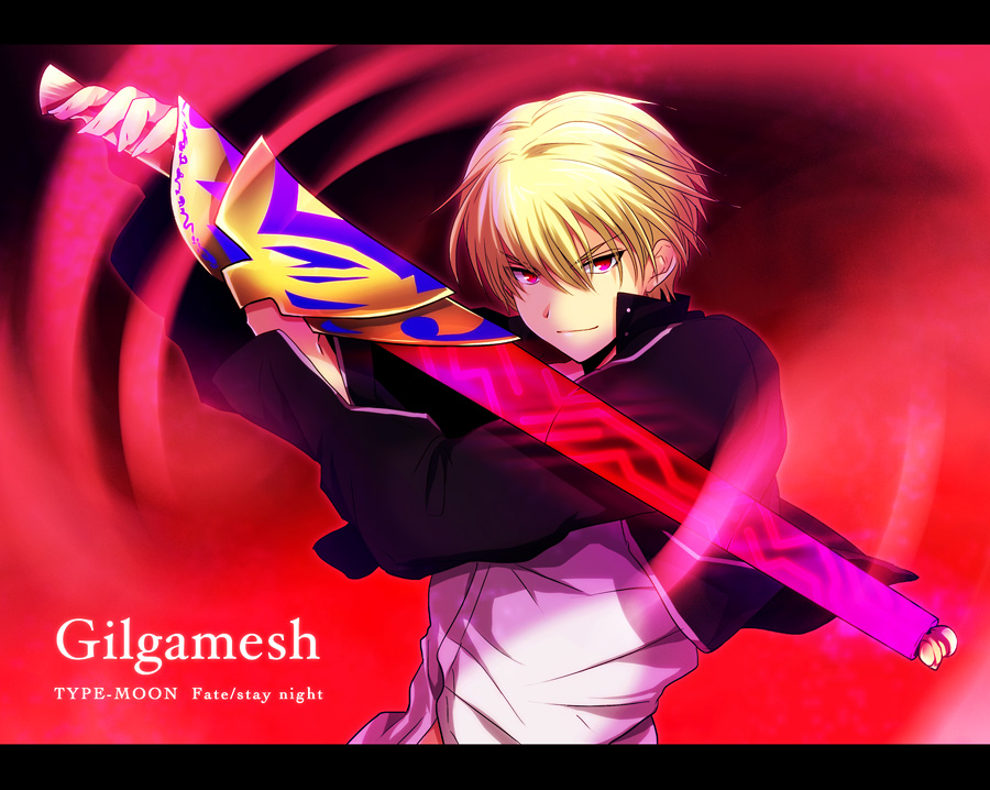 1boy blonde_hair casual character_name ea_(fate/stay_night) fate/stay_night fate_(series) gilgamesh letterboxed red_eyes solo title_drop type-moon uka_(color_noise) weapon