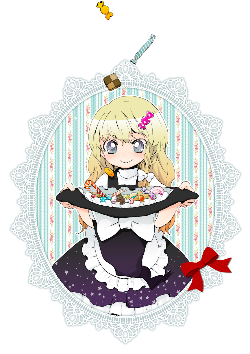 1girl blonde_hair blue_eyes candy candy_cane checkerboard_cookie cookie cooking food frame hat hat_removed headwear_removed highres kirisame_marisa lollipop long_hair ribbon satou_memeko skirt smile solo star star-shaped_pupils symbol-shaped_pupils touhou