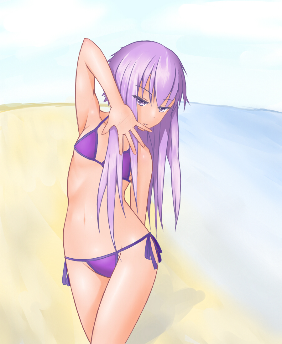 1girl beach bikini long_hair papino pose purple_hair solo swimsuit violet_eyes vocaloid voiceroid yuzuki_yukari
