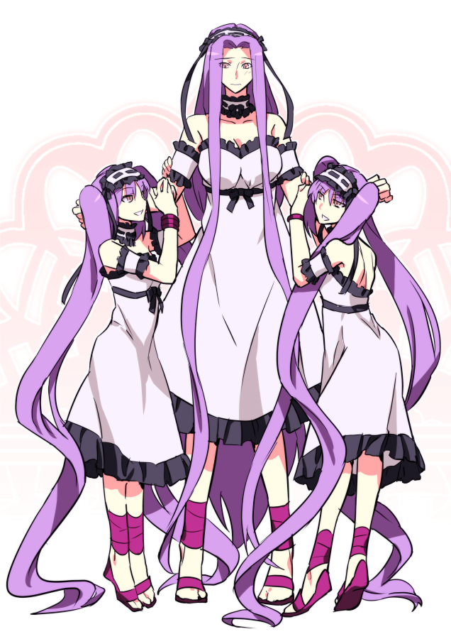 3girls dress euryale fate/hollow_ataraxia fate_(series) headdress height_difference multiple_girls purple_hair rider sandals sexy44 siblings sisters stheno twintails violet_eyes white_dress