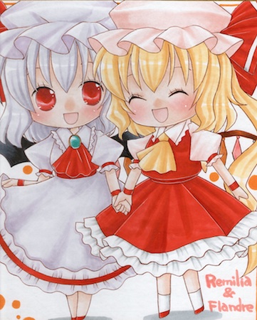 2girls ascot bat_wings blonde_hair brooch character_name chibi closed_eyes dress erisa eyelashes flandre_scarlet hat hat_ribbon holding_hands jewelry lavender_hair looking_at_viewer lowres marker_(medium) mob_cap multiple_girls nib_pen_(medium) open_mouth petticoat polka_dot puffy_short_sleeves puffy_sleeves red_eyes remilia_scarlet ribbon short_sleeves siblings side_ponytail simple_background sisters skirt skirt_hold skirt_set touhou traditional_media white_background wings wristband