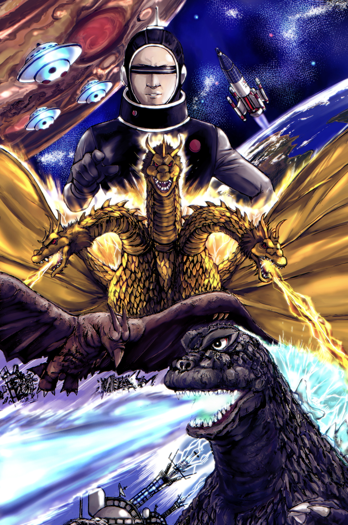 earth flying_saucer godzilla godzilla_(series) king_ghidorah rocket rodan space space_craft star_(sky) yuya