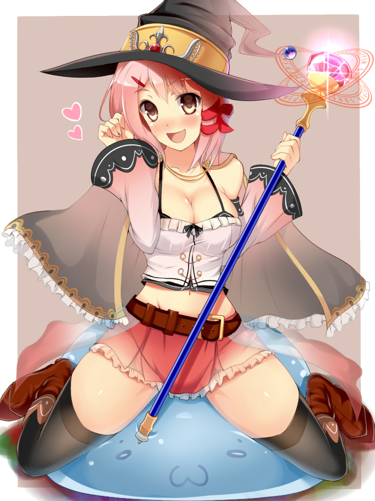 :d belt blush boots breasts cape cleavage detached_sleeves fantasy fay hair_ribbon hat heart large_breasts midriff navel open_mouth original pink_hair ribbon skirt slime smile staff thigh-highs witch_hat zettai_ryouiki