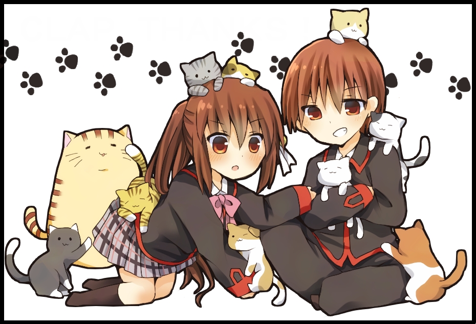 1boy 1girl animal_on_head brother_and_sister brown_hair cat cat_on_head doruji little_busters!! long_hair natsume_kyousuke natsume_rin paw_print ponytail red_eyes school_uniform short_hair siblings too_many_cats yui_(ntm-21)