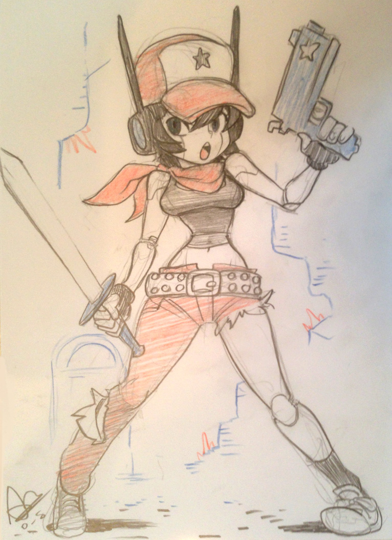 1girl alex_ahad asymmetrical_clothes bare_shoulders baseball_cap belt black_hair blue_eyes breasts doukutsu_monogatari dual_wielding fingerless_gloves genderswap gloves gun hat midriff neckerchief pistol quote robot_ears robot_joints scan single_pantsleg socks solo studded_belt sword torn_clothes torn_pants traditional_media weapon