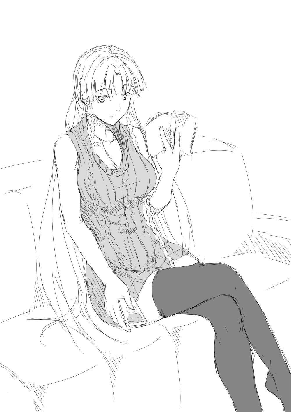 1girl book braid breasts casual contemporary couch crossed_legs digital_media_player highres hong_meiling ipod large_breasts light_smile long_hair looking_at_viewer monochrome niwatazumi no_hat no_headwear ribbed_sweater sitting solo sweater thigh-highs touhou twin_braids very_long_hair zettai_ryouiki