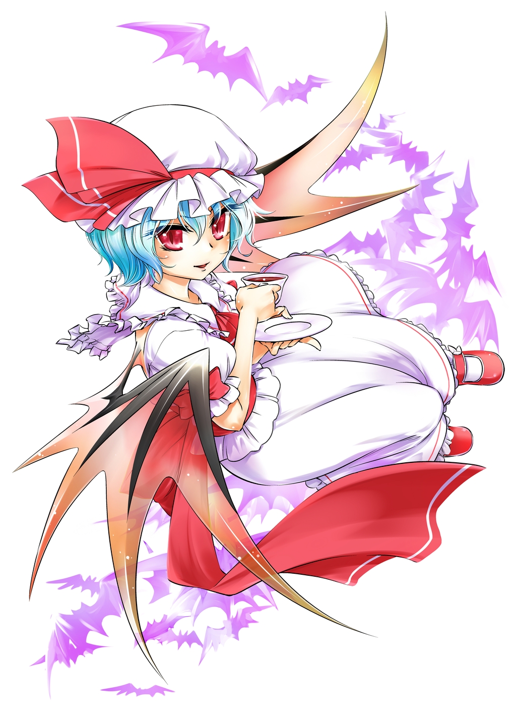 1girl ascot bat bat_wings blue_hair cup dress hat hat_ribbon highres kore mary_janes puffy_short_sleeves puffy_sleeves red_eyes remilia_scarlet ribbon saucer shoes short_hair short_sleeves smile solo tea teacup touhou wings