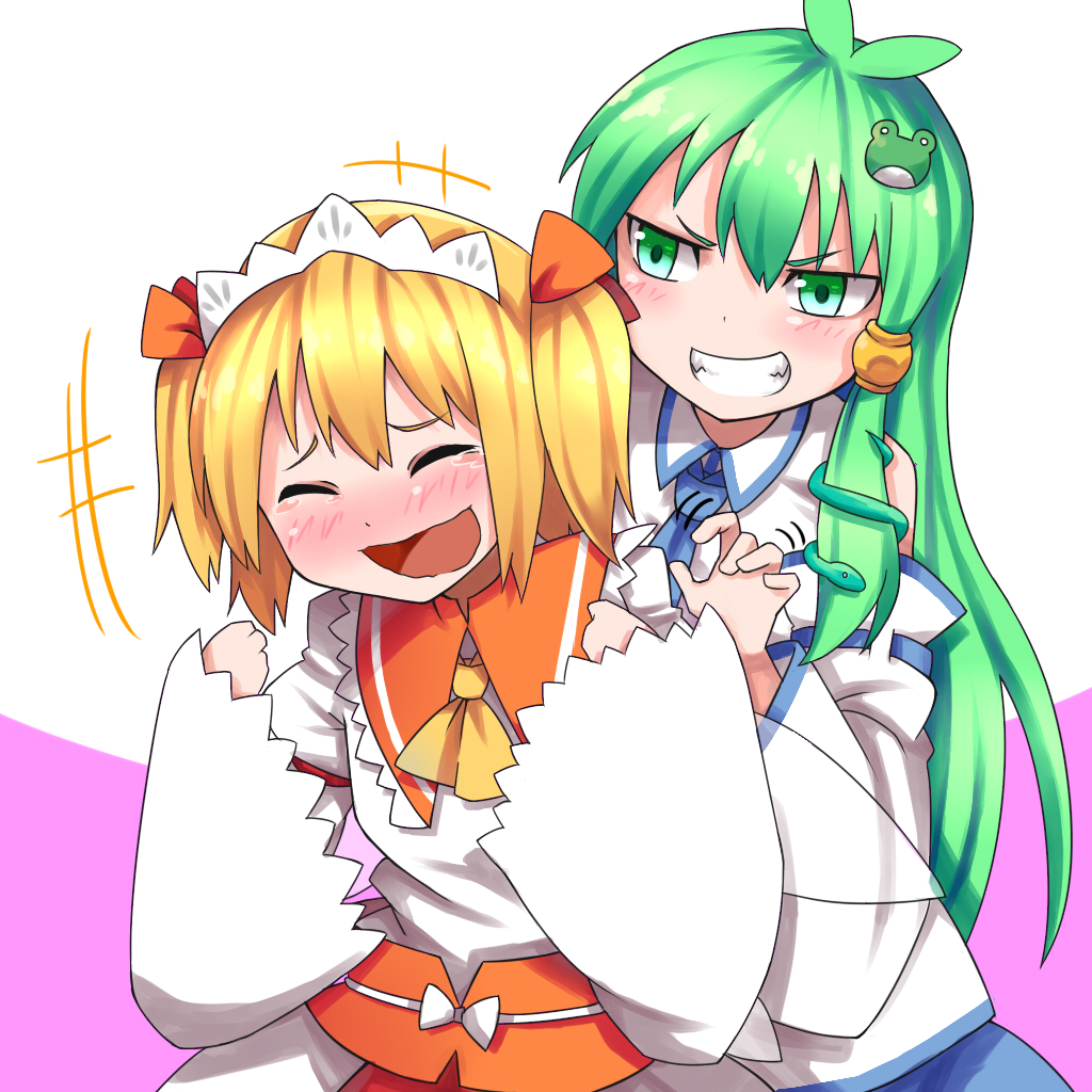 2girls blonde_hair blush braid closed_eyes detached_sleeves frog_hair_ornament green_eyes green_hair grin hair_ornament hair_ribbon hayaneko_(ceceragi) kochiya_sanae long_hair long_sleeves maid_headdress multiple_girls open_mouth ribbon shirt short_hair skirt smile snake_hair_ornament sunny_milk tears tickling touhou twin_braids very_long_hair wide_sleeves