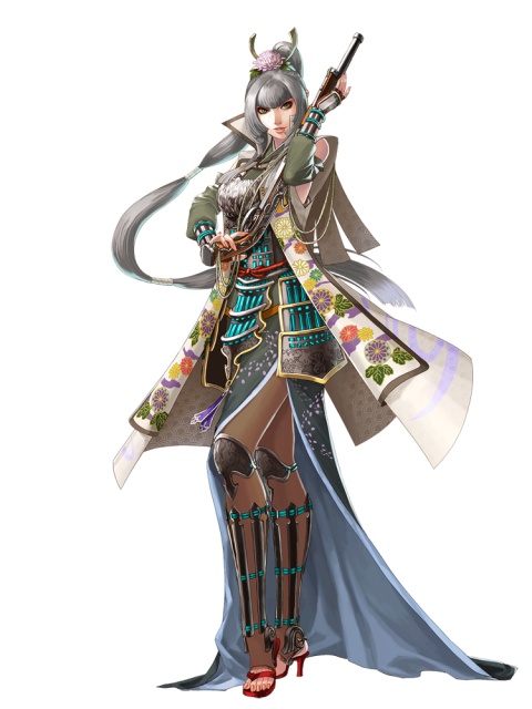1girl armor artist_request bracer breasts capcom character_request faulds flintlock flower greaves gun hair_flower hair_ornament high_heels japanese_clothes large_breasts long_hair long_skirt official_art onimusha onimusha_soul ponytail rifle shoes side_slit silver_hair skirt solo very_long_hair weapon