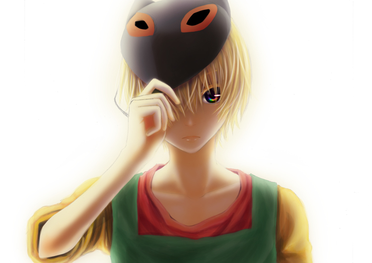 1boy arm_up artist_request blonde_hair bust expressionless fox_mask hair_over_one_eye light male mask multicolored_eyes painter-kun simple_background solo yume_2kki