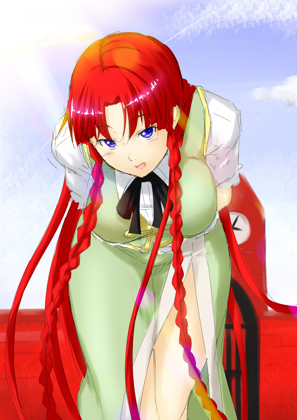 bent_over blue_eyes braid breasts clock from_below gate highres hong_meiling large_breasts leaning_forward legs lens_flare long_hair looking_at_viewer niwatazumi no_hat no_headwear redhead scarlet_devil_mansion side_slit smile thighs touhou twin_braids very_long_hair