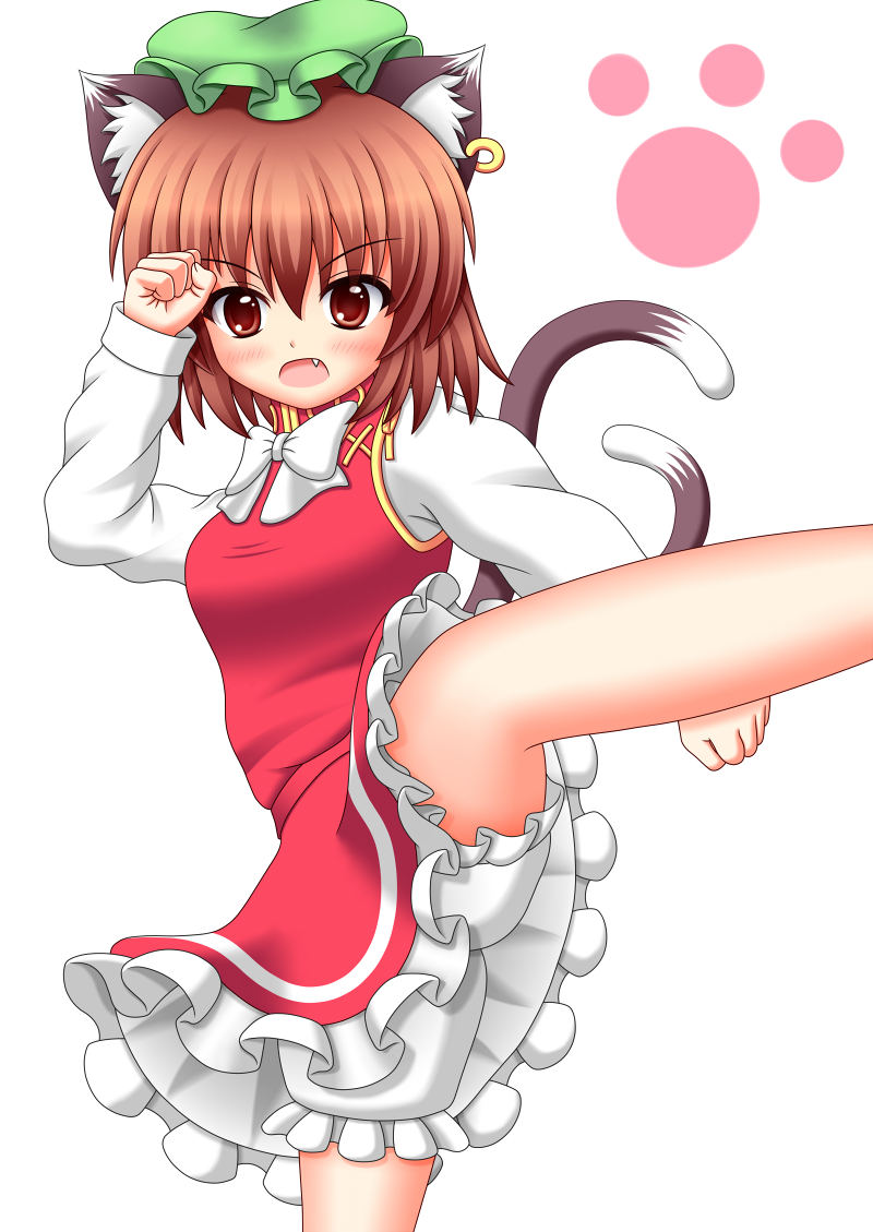 1girl animal_ears bloomers bow brown_eyes brown_hair cat_ears cat_tail chen clenched_hand fang fighting_stance high_collar jewelry kicking leg_up long_sleeves looking_at_viewer mob_cap multiple_tails open_mouth paw_print short_hair simple_background single_earring skirt skirt_set solo tail touhou underwear vergece white_background