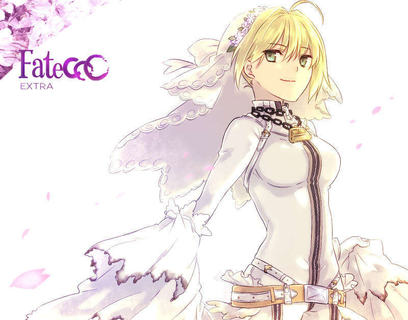 1girl ahoge belt blonde_hair bodysuit breasts bridal_veil buckle chain fate/extra_ccc fate_(series) flower gloves green_eyes iebon-gogo8 lock padlock saber_bride saber_extra smile solo title_drop veil zipper