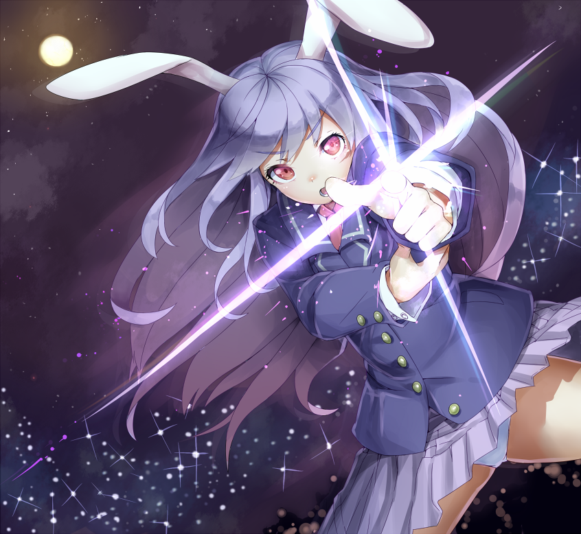 1girl animal_ears finger_gun full_moon ginko_(nico) jacket long_hair long_sleeves moon necktie night open_mouth panties pantyshot_(standing) pink_eyes pointing pointing_at_viewer purple_hair rabbit_ears reisen_udongein_inaba shirt skirt sky solo sparkle star_(sky) starry_sky touhou underwear upskirt very_long_hair white_panties