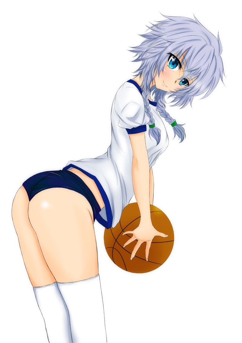 1girl alternate_costume ass ball bent_over blue_eyes braid buruma gym_uniform hair_ribbon izayoi_sakuya k2 looking_at_viewer ribbon shirt short_sleeves silver_hair simple_background smile solo thigh-highs touhou turning twin_braids white_background white_legwear