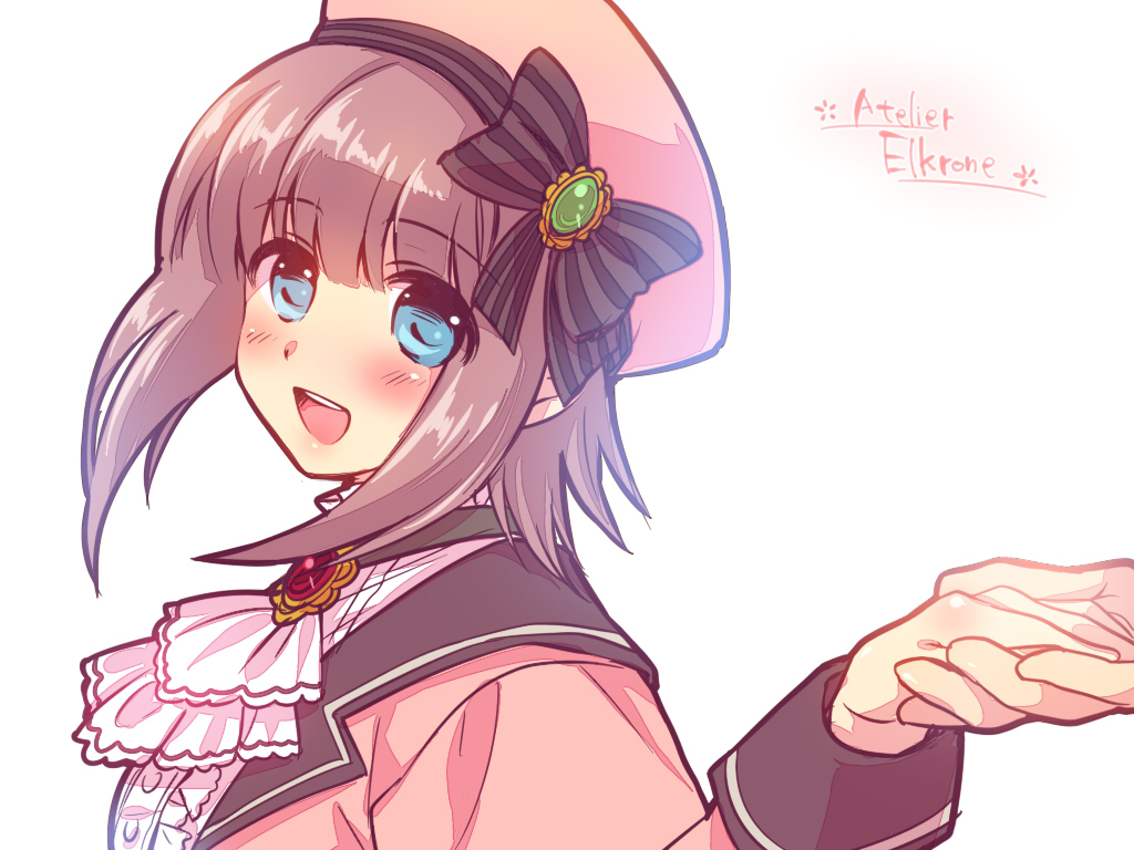 1girl atelier_(series) atelier_elkrone blue_eyes blush bow brown_hair cravat hat holding_hands meriel_(atelier_elkrone) ribbon satomi_yoshitaka short_hair smile solo title_drop white_background