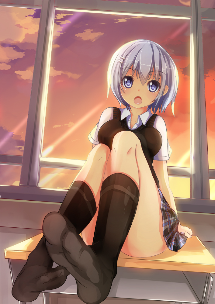 1girl black_legwear blue_eyes blush classroom clouds feet hair_ornament hairclip icywood looking_at_viewer open_mouth original pleated_skirt pov school_desk shadow short_hair silver_hair sitting_on_desk skirt socks solo sunset sweater_vest thighs window