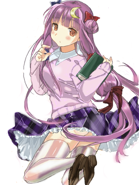 1girl argyle contemporary hair_bun jumping kiyu2min long_hair looking_back low-tied_long_hair no_hat no_headwear patchouli_knowledge pullover purple_hair skirt sleeves_past_wrists solo thigh-highs touhou white_legwear zettai_ryouiki