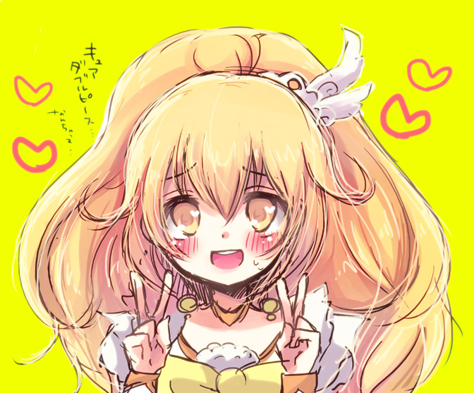 1girl blonde_hair blush cure_peace heart kise_yayoi long_hair looking_at_viewer open_mouth precure simple_background smile smile_precure! solo v yellow_background yellow_eyes yoshizoe_eiko