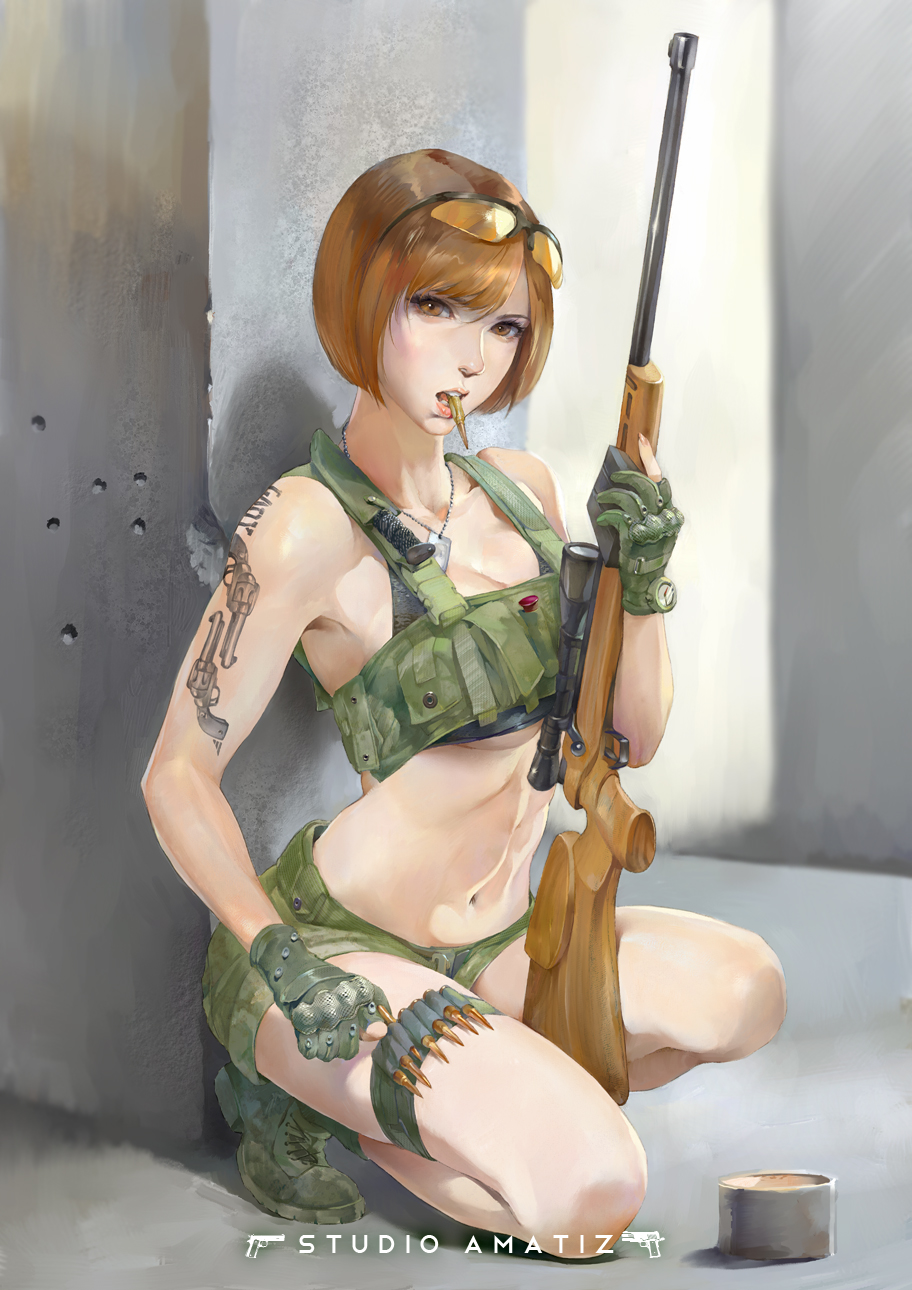 1girl amatiz bolt_action boots breasts brown_eyes brown_hair bullet_in_mouth cleavage glasses gloves gun highres kneeling knife lips midriff navel original revolver rifle short_hair shorts solo sunglasses sunglasses_on_head tattoo under_boob weapon