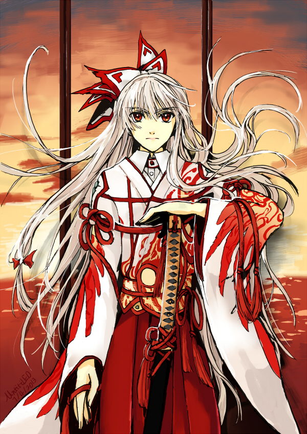 1girl alternate_costume arm_ribbon bird bow fancybetty fujiwara_no_mokou hair_bow hair_ribbon hand_on_hilt japanese_clothes katana long_hair long_sleeves looking_at_viewer pants phoenix red_eyes ribbon shirt silver_hair solo sword touhou traditional_clothes tress_ribbon very_long_hair weapon wide_sleeves wind