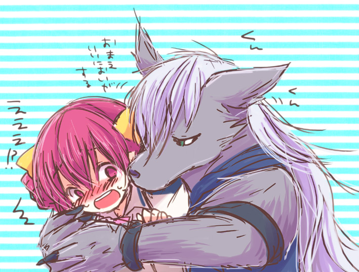 1boy 1girl blush hoshizora_miyuki hug hug_from_behind open_mouth precure smile_precure! striped striped_background wolfrun yoshizoe_eiko