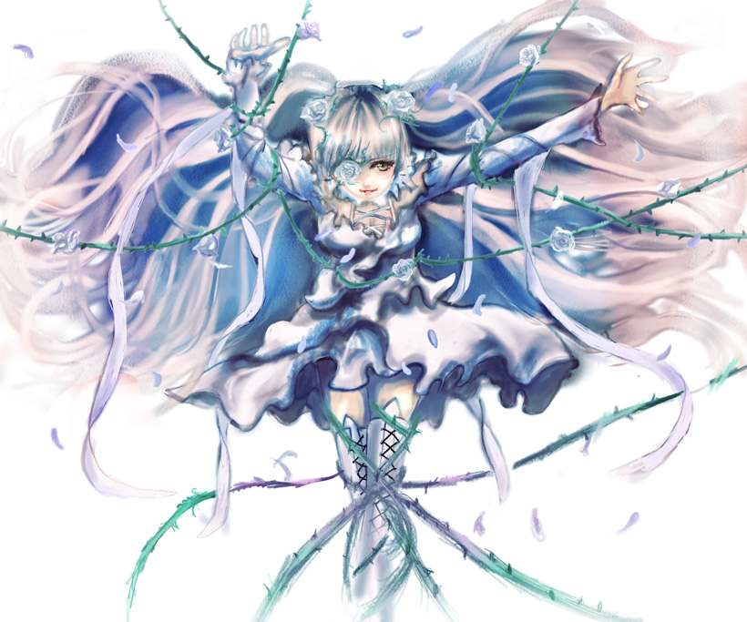1girl barasuishou boots cross-laced_footwear dress eyepatch flower hair_flower hair_ornament lace-up_boots long_hair rose rozen_maiden shikine_hiroshi silver_hair solo thigh-highs thigh_boots thorns very_long_hair yellow_eyes