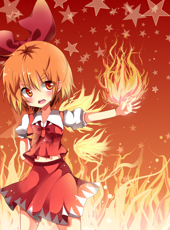 1girl achi_cirno alternate_color alternate_element arms_behind_back bow cirno fire hair_bow invoke@daichan! looking_at_viewer midriff navel open_hand open_mouth outstretched_arm puffy_short_sleeves puffy_sleeves red_background red_eyes redhead short_hair short_sleeves skirt skirt_set solo star touhou