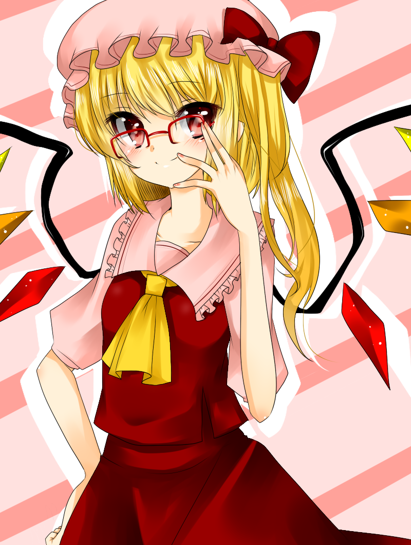 1girl adjusting_glasses ascot bespectacled blush bow collarbone flandre_scarlet glasses hat hat_bow koyashaka looking_at_viewer red-framed_glasses red_eyes shirt short_sleeves side_ponytail skirt skirt_set smile solo touhou vest wings