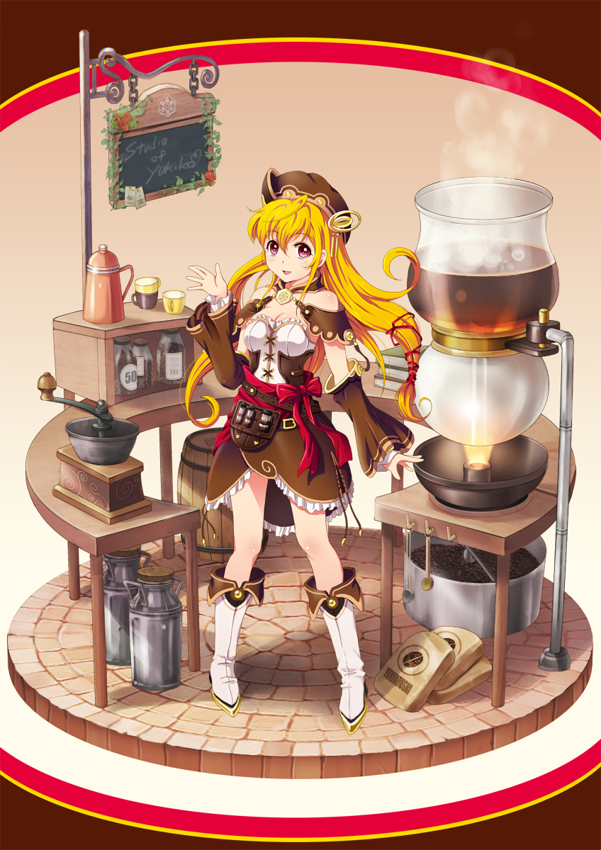 1girl :d bare_shoulders barrel belt blonde_hair book boots coffee cup english flame hat highres long_hair looking_at_viewer open_mouth original pink_eyes shian_(my_lonly_life.) smile solo steam table waving