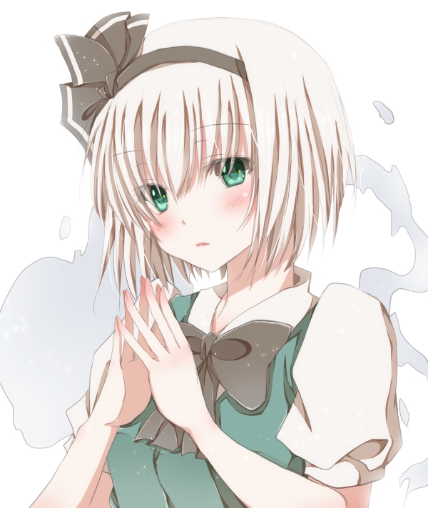 1girl blush bow bust dress fingers_together green_dress green_eyes hair_ribbon hiro_(hirohiro31) konpaku_youmu konpaku_youmu_(ghost) puffy_sleeves ribbon shirt short_sleeves silver_hair simple_background solo touhou white_background