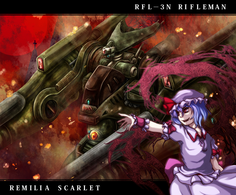 1girl arm_cannon aura battletech blue_hair cannon character_name crossover fang flat_chest gun hat mecha mechwarrior moon outstretched_arm red_eyes red_moon remilia_scarlet ribbon rifleman robot scarlet_devil_mansion short_hair solo touhou weapon wings
