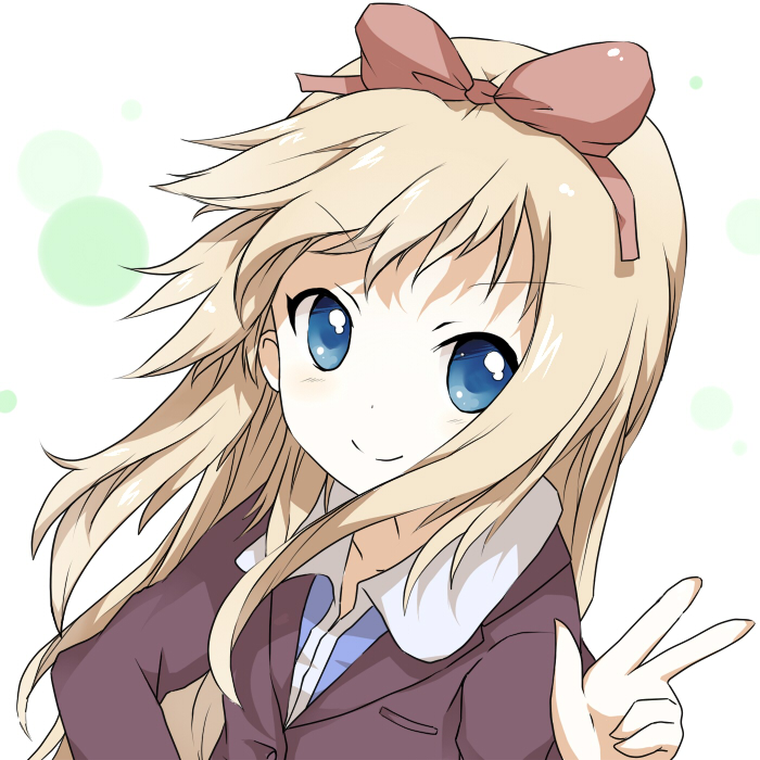 1girl blonde_hair blue_eyes bow casual hair_bow kotaka long_hair looking_at_viewer simple_background smile solo toshinou_kyouko v w white_background yuru_yuri