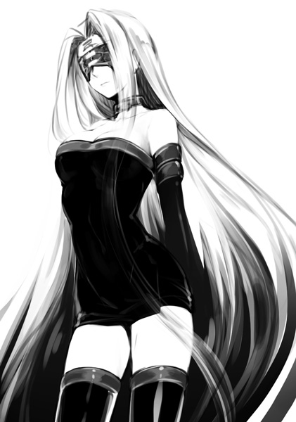 1girl blindfold breasts cleavage detached_sleeves fate/stay_night fate_(series) long_hair monochrome rider solo thigh-highs utsugi_(skydream) very_long_hair zettai_ryouiki