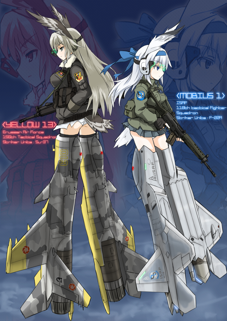 2girls ace_combat ace_combat_04 airplane animal_ears back-to-back blue_eyes bow crossover f-22 fingerless_gloves gloves green_eyes grey_hair gun hair_bow heads-up_display jacket jet military military_uniform mobius_1 multiple_girls ogitsune_(ankakecya-han) original panties rifle sg550 skirt strike_witches striker_unit su-37 tail underwear uniform weapon white_panties yellow_13 zoom_layer