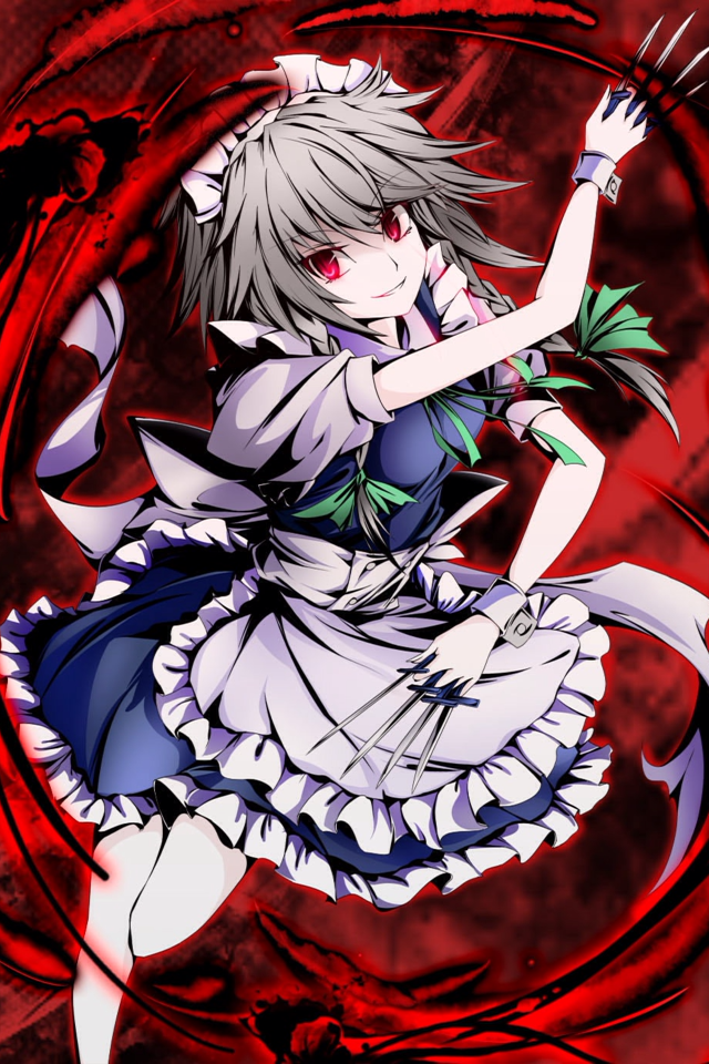 1girl artist_request braid izayoi_sakuya knife maid red_eyes silver_hair smile solo source_request touhou